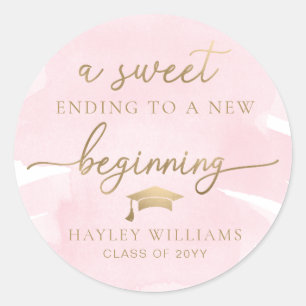 Pink Watercolor Sweet New Beginning Graduation Classic Round Sticker