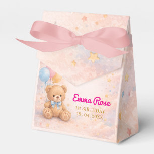 Pink Watercolor Teddy Bear Girl 1st Birthday Favor Boxes