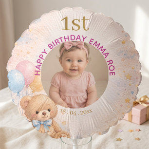 Pink Watercolor Teddy Bear Girl 1st Birthday Photo Balloon
