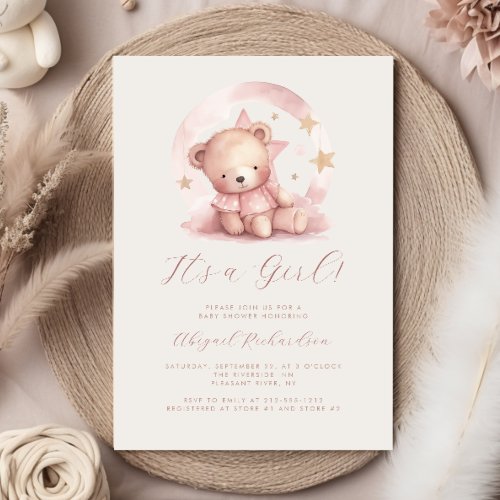 Pink Watercolor Teddy Bear Girl Baby Shower Invitation