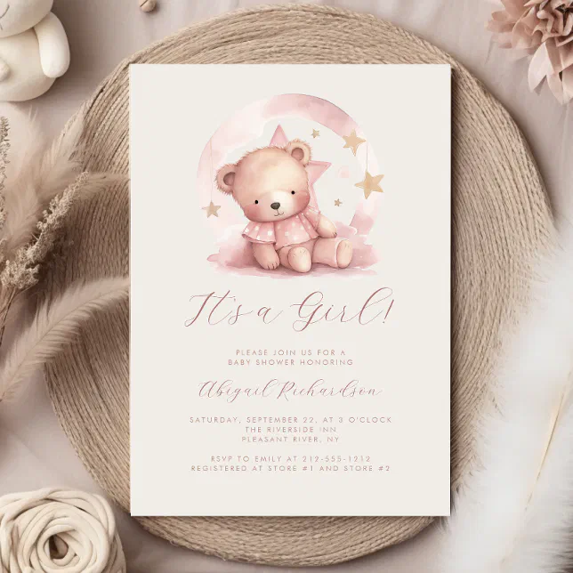 Pink Watercolor Teddy Bear Girl Baby Shower Invitation | Zazzle