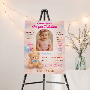 Pink Watercolor Teddy Bear Girl One Year Milestone Foam Board