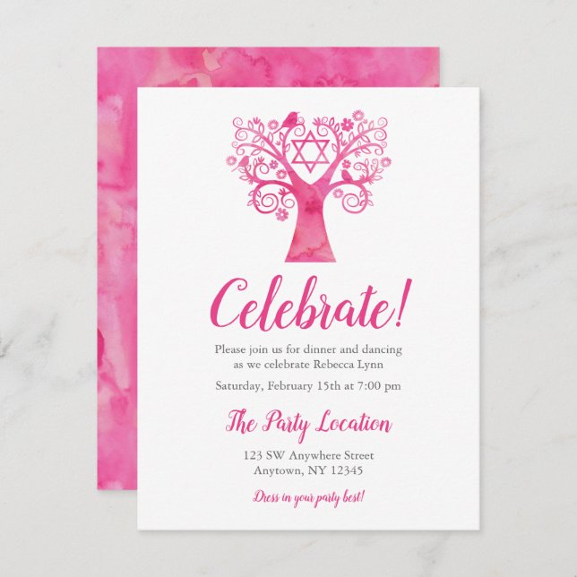 Pink Watercolor Tree of Life Reception Invitation (Front/Back)