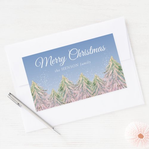 Pink Watercolor Trees Forest Artistic Christmas Rectangular Sticker