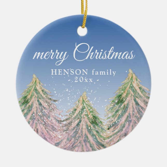 Pink Watercolor Trees Merry Christmas Family Ceramic Ornament (Front)