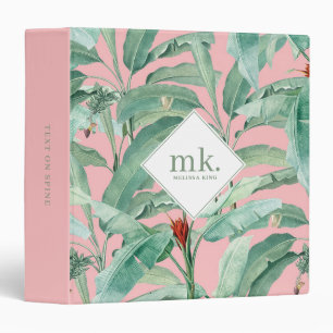 Pink Watercolor Tropical Banana Leaves Monogrammed 3 Ring Binder
