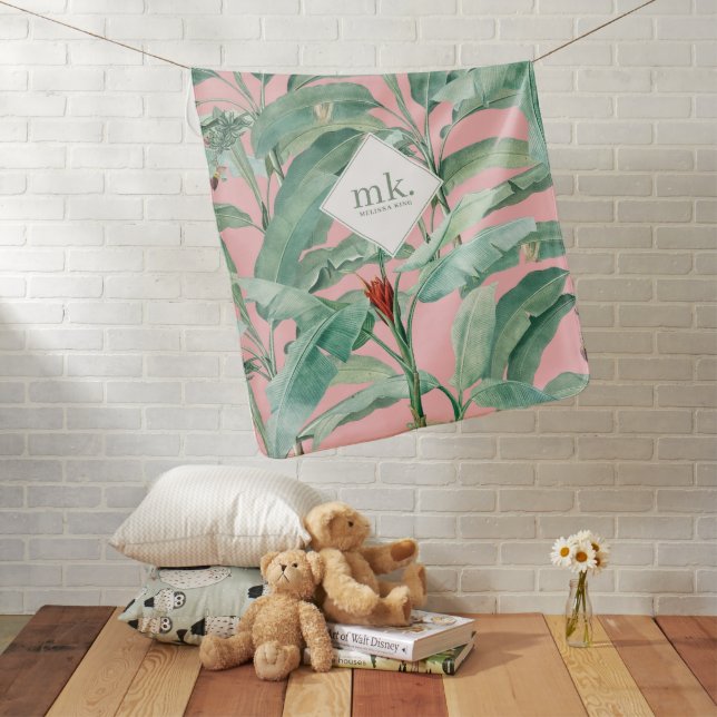 Pink Watercolor Tropical Banana Leaves Monogrammed Baby Blanket (In Situ)