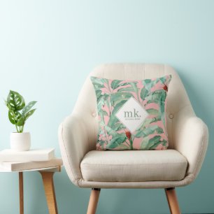 Pink Watercolor Tropical Banana Leaves Monogrammed Throw Pillow