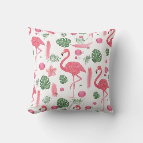 Pink watercolor tropical elegant flamingo floral throw pillow
