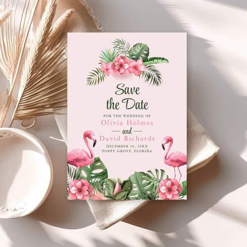 Pink Watercolor Tropical Flamingo Save the Date Invitation