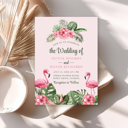Pink Watercolor Tropical Flamingo Wedding Invitation