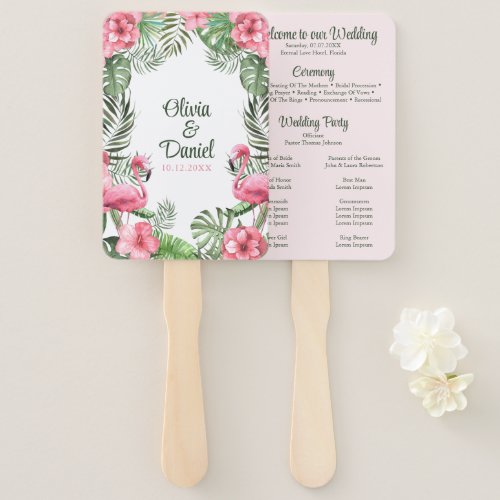 Pink Watercolor Tropical Flamingo Wedding Program Hand Fan