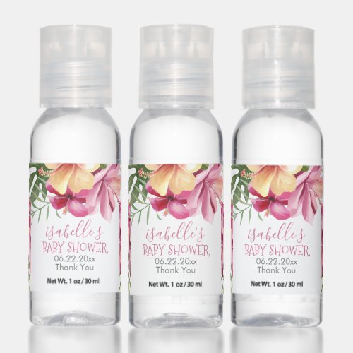 Pink Watercolor Tropical Floral Blooms Baby Shower Hand Sanitizer