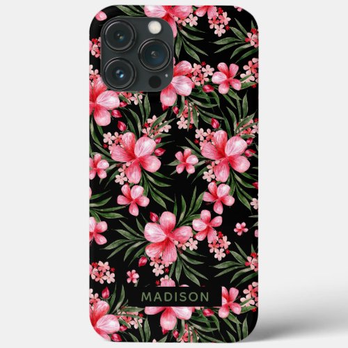 Pink Watercolor Tropical Floral Personalized Name iPhone 13 Pro Max Case