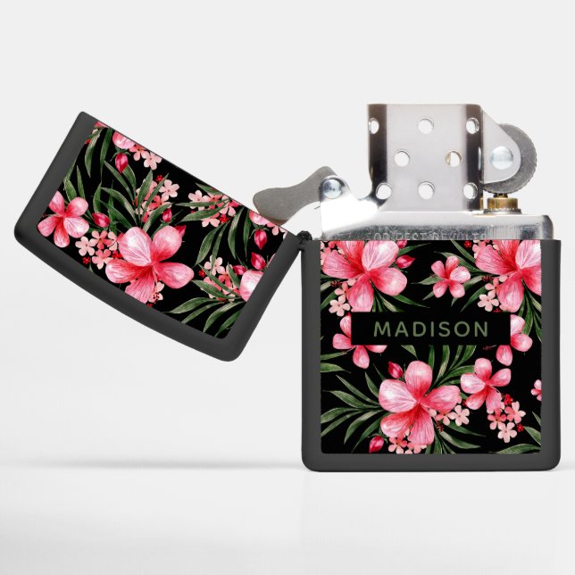 Pink Watercolor Tropical Floral Personalized Name Zippo Lighter (Opened)