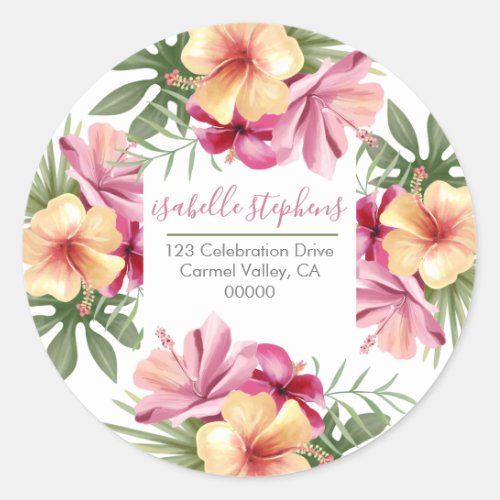Pink Watercolor Tropical Floral Return Address Classic Round Sticker