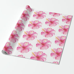 Pink Watercolor Tropical Hibiscus Flower Wrapping Paper
