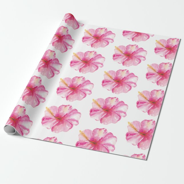 Pink Watercolor Tropical Hibiscus Flower Wrapping Paper (Unrolled)