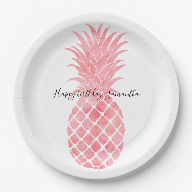 Pink Watercolor Tropical Pineapple Paper Plates (Front)
