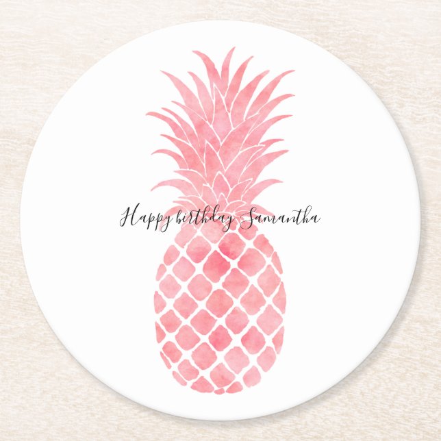 Pink Watercolor Tropical Pineapple Round Paper Coaster (Front)