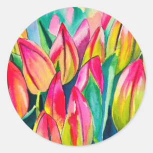 Pink watercolor tulips art classic round sticker