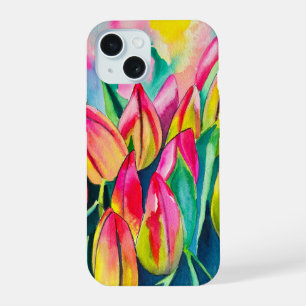 Pink watercolor tulips art iPhone 15 case