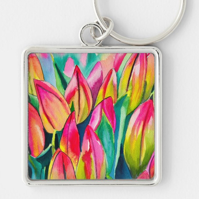 Pink watercolor tulips art keychain (Front)