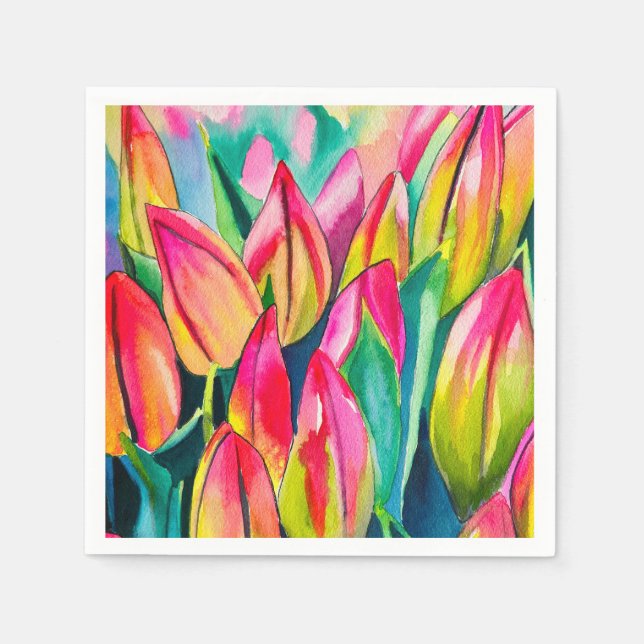 Pink watercolor tulips art napkins (Front)