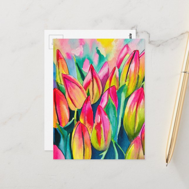 Pink watercolor tulips art postcard (Front/Back In Situ)