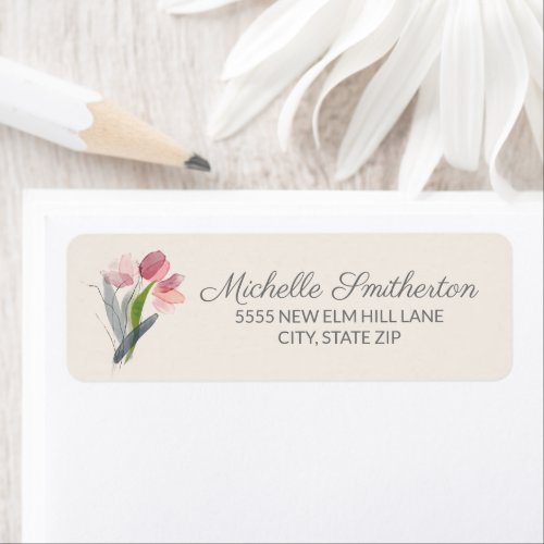 Pink Watercolor Tulips Cream Elegant Script Label