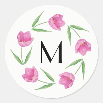 Pink Watercolor Tulips Framing Initial Classic Round Sticker by PandaCatGallery at Zazzle