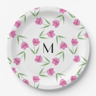 Pink Watercolor Tulips Framing Initial Paper Plate