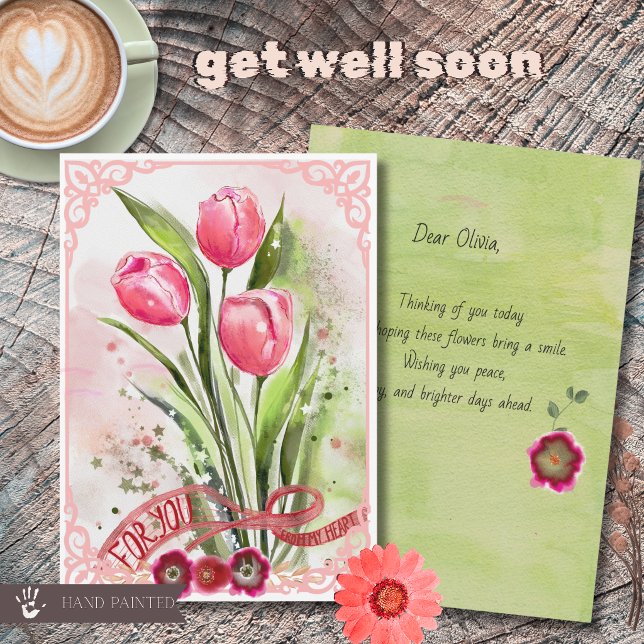 Pink Watercolor Tulips Get Well Soon Card (Pink Watercolor Tulips Get Well Soon Card)