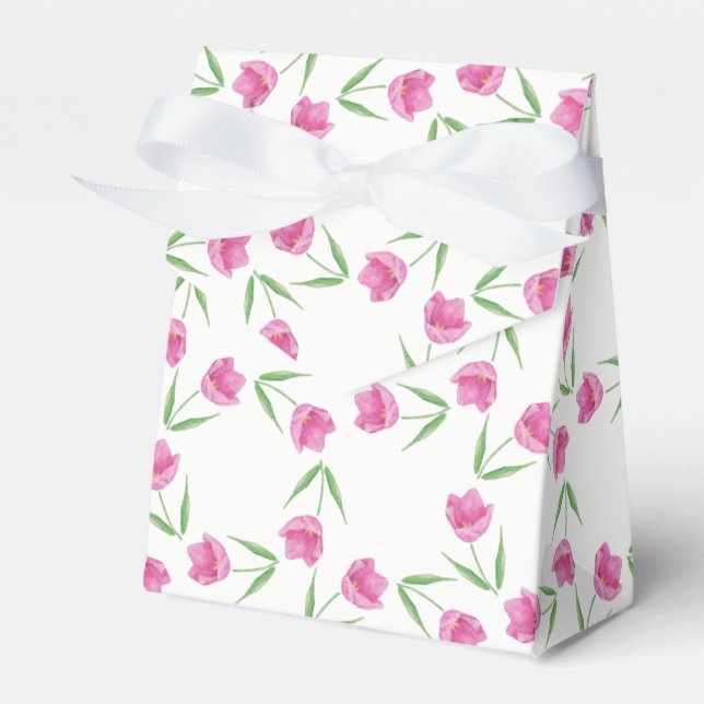 Pink Watercolor Tulips Pattern Favor Boxes (Front Side)