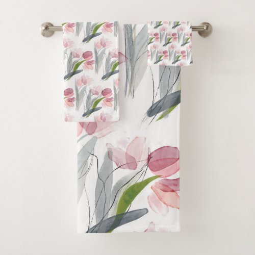 Pink Watercolor Tulips Sage Green Leaves White Bath Towel Set