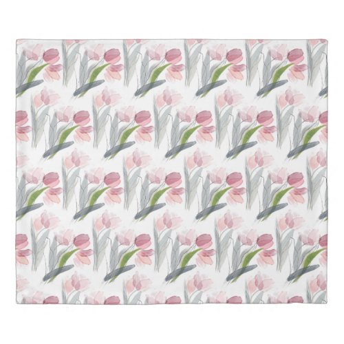Pink Watercolor Tulips Sage Green Leaves White Duvet Cover