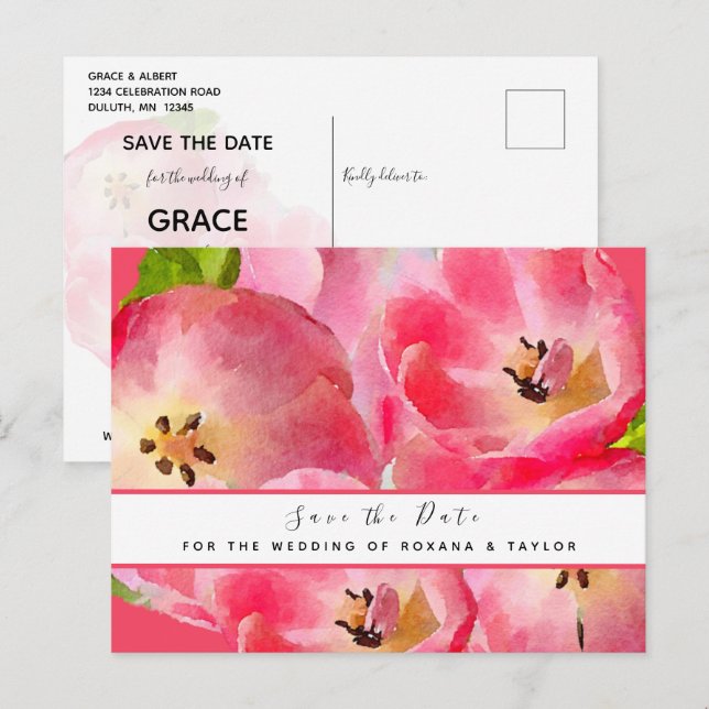 Pink Watercolor Tulips Save the Date Postcard (Front/Back)