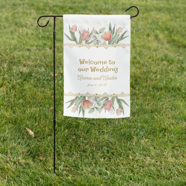 Pink Watercolor Tulips Spring Wedding Garden Flag (In SItu)