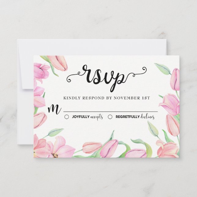 Pink Watercolor Tulips Wedding RSVP Card (Front)
