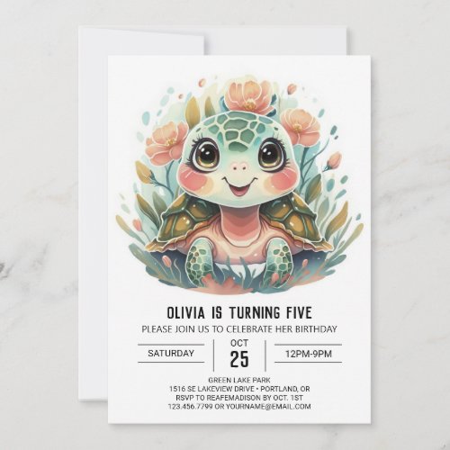 Pink Watercolor Turtle Girl Birthday Invitation