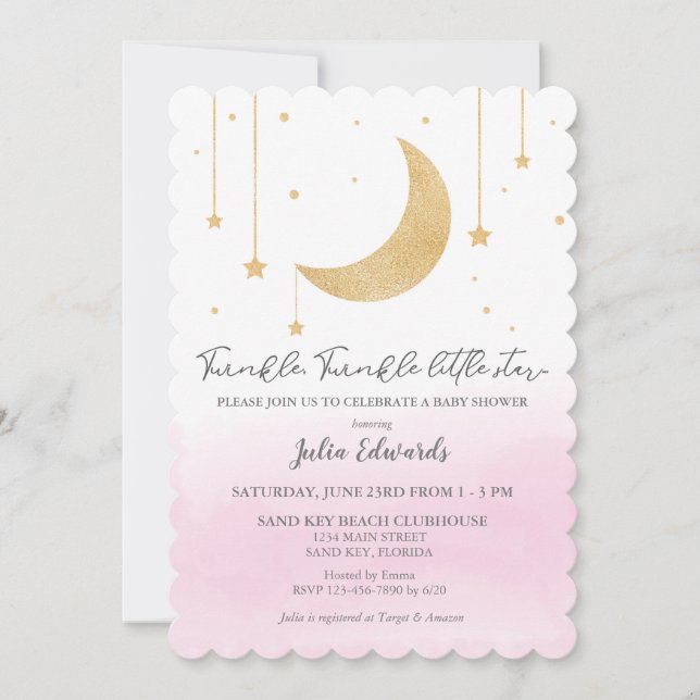 Pink Watercolor Twinkle Little Star Baby Shower Invitation (Front)