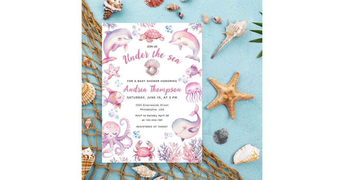 Pink Watercolor Under The Sea Girl Baby Shower Invitation | Zazzle