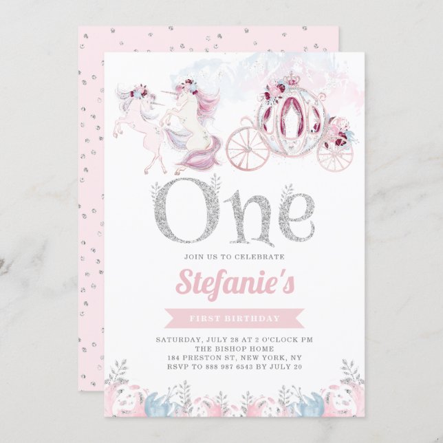 Pink Watercolor Unicorn Fairytale First Birthday Invitation (Front/Back)