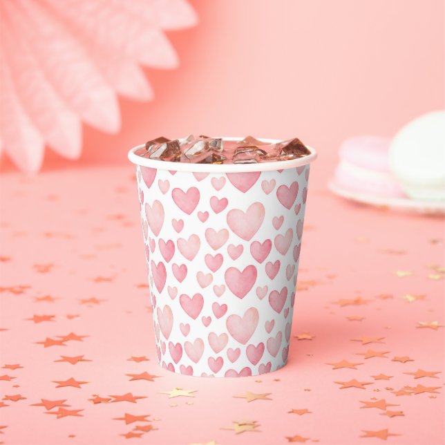 Pink Watercolor Valentine Hearts Pattern Paper Cups (Insitu)