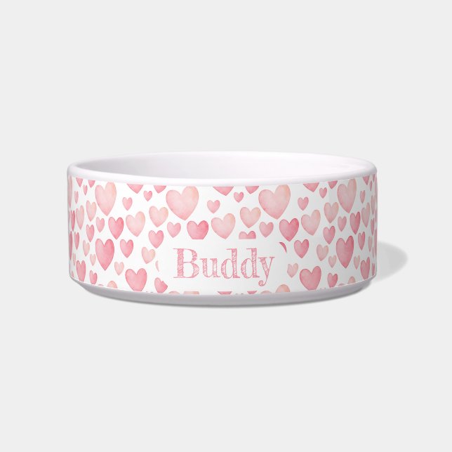 Pink Watercolor Valentine Hearts Pet Bowl (Front)