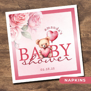 Pink Watercolor Valentine Teddy Bear Baby Shower Napkins