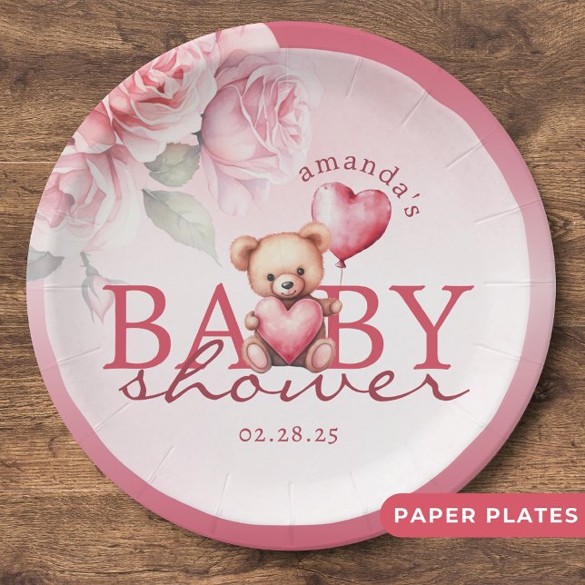 Pink Watercolor Valentine Teddy Bear Baby Shower Paper Plates (Creator Uploaded)