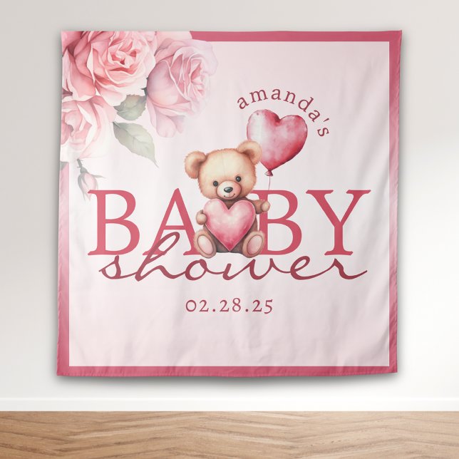 Pink Watercolor Valentine Teddy Bear Baby Shower Tapestry (Creator Uploaded)