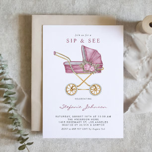 Pink Watercolor Vintage Stroller Baby Sip and See Invitation
