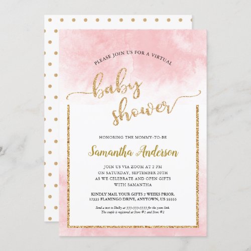 Pink Watercolor Virtual Baby Shower Gold Glitter Invitation